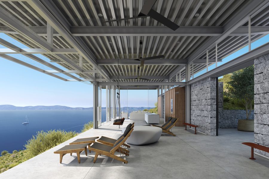 View of the kitchen and living room from the exterior courtyard. Cecropia House, Cecropia, Greece