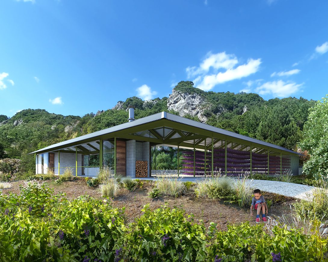Entry facade of a steel-framed pitched house in a vineyard, with firewood stack and grapes drying in the open shelter behind