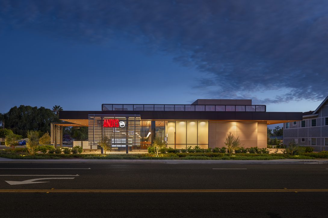 Night view of the restaurant from Riverside Drive. Andys Restaurant, Chino, CA © Ciro Coelho