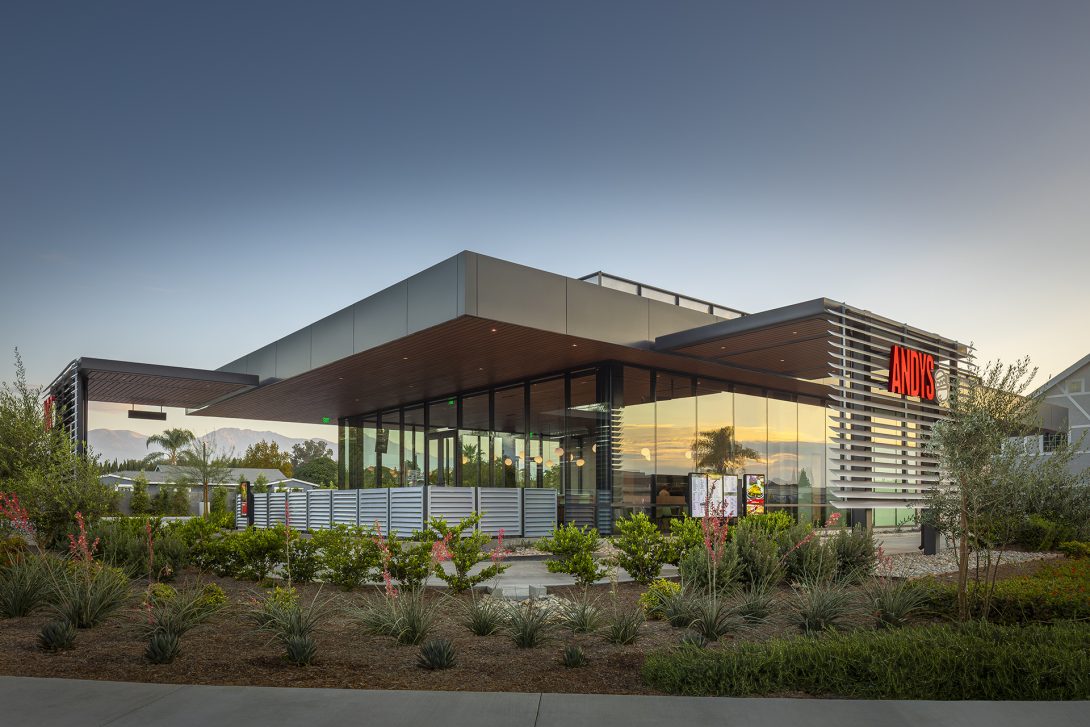 Drive-through canopies vith view of the mountains beyond. Andys Restaurant, Chino, CA © Ciro Coelho