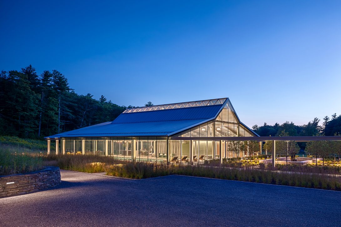Night approach from the parking court. Residential Recreation Pavilion, NY