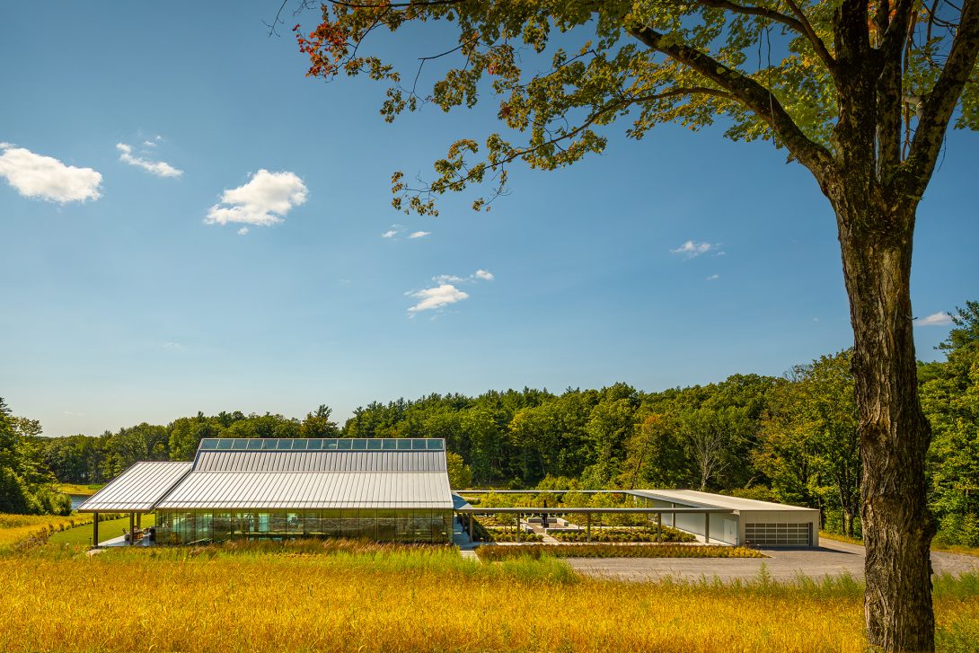 View of the building from the forest above. Residential Recreation Pavilion, NY