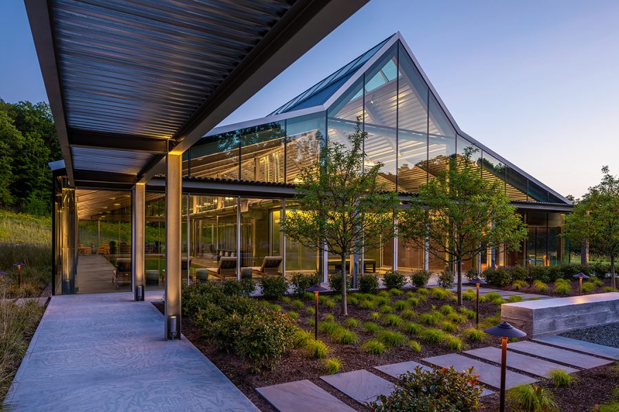 This project is designed to integrate into the existing landscape providing the user an opportunity to experience nature by connecting to it visually through uninterrupted views. All landscaping interventions are minimal and compliment the existing ecosystem. The plantings in the stoa courtyard are of native plant species. Special considerations were given to eliminate all fencing to allow free movement of the existing wildlife. Residential Recreation pavilion, NY.