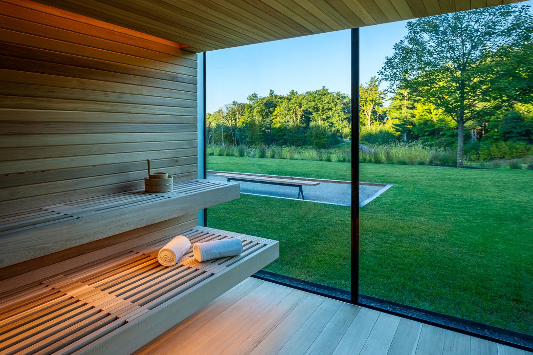 View of the west lawn from the sauna room. Residential Recreation Pavilion, NY