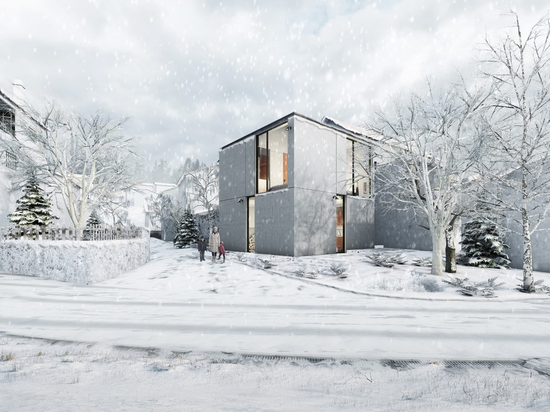 Exterior view of the concrete cube on a snowy day. Vasilitsa House, Greece