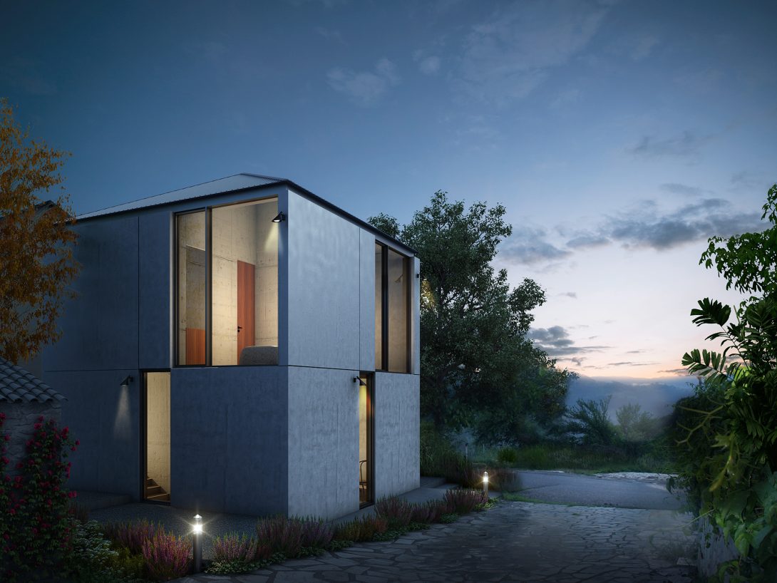 Exterior view at dusk. Vasilitsa House, Greece