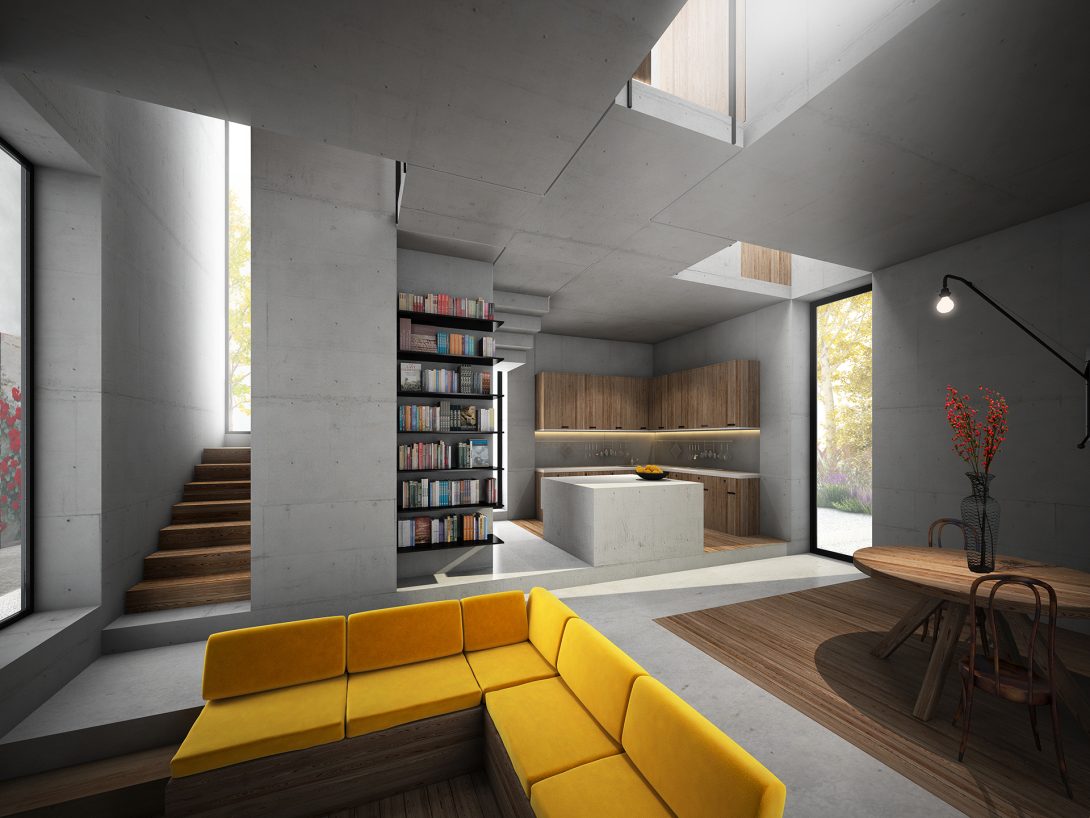 The vertical void connects ground floor to roof in a single continuous gesture. Vasilitsa House, Greece