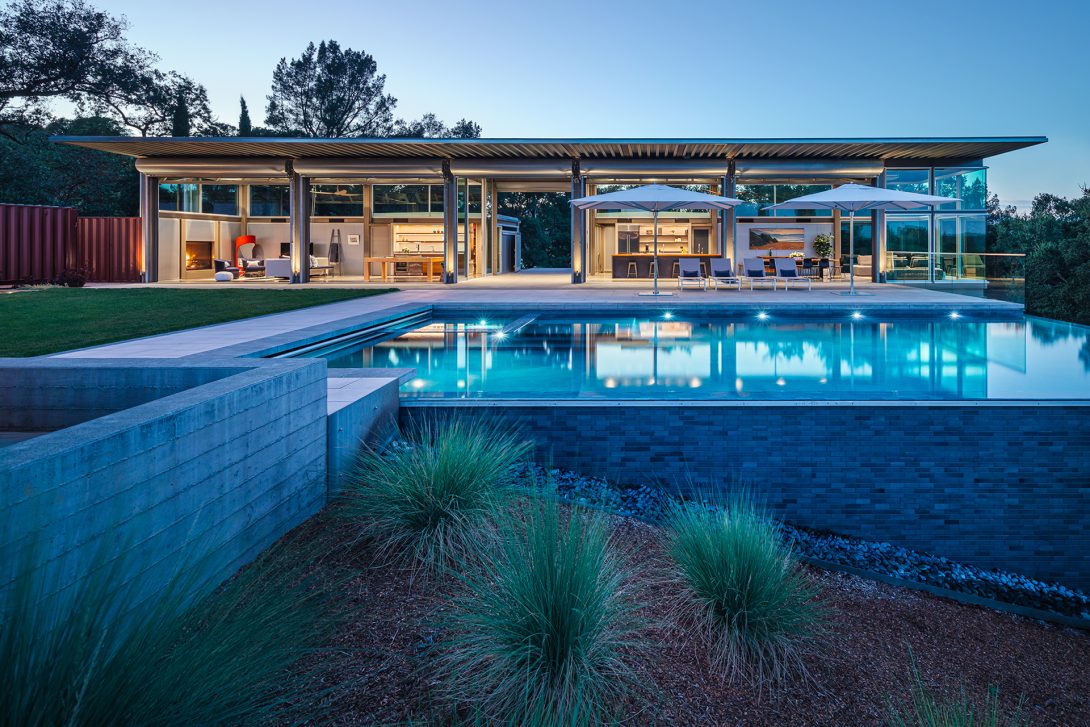 Exterior view of the Healdsburg House pool and pavilion